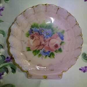 Vtg Cambridge Crown Tuscan Pink Milk Glass Shell Dish Roses & Forget-Me-Nots
